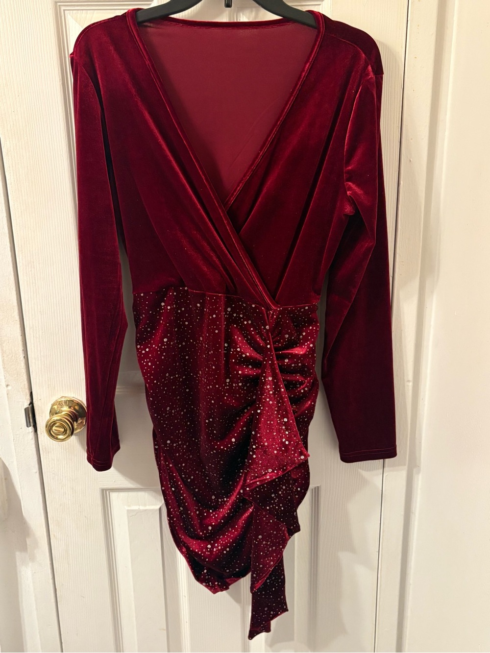 SHEIN Red/Burgundy Velvet Long Sleeve Wrap Dress with Sparkle Ruched Skirt